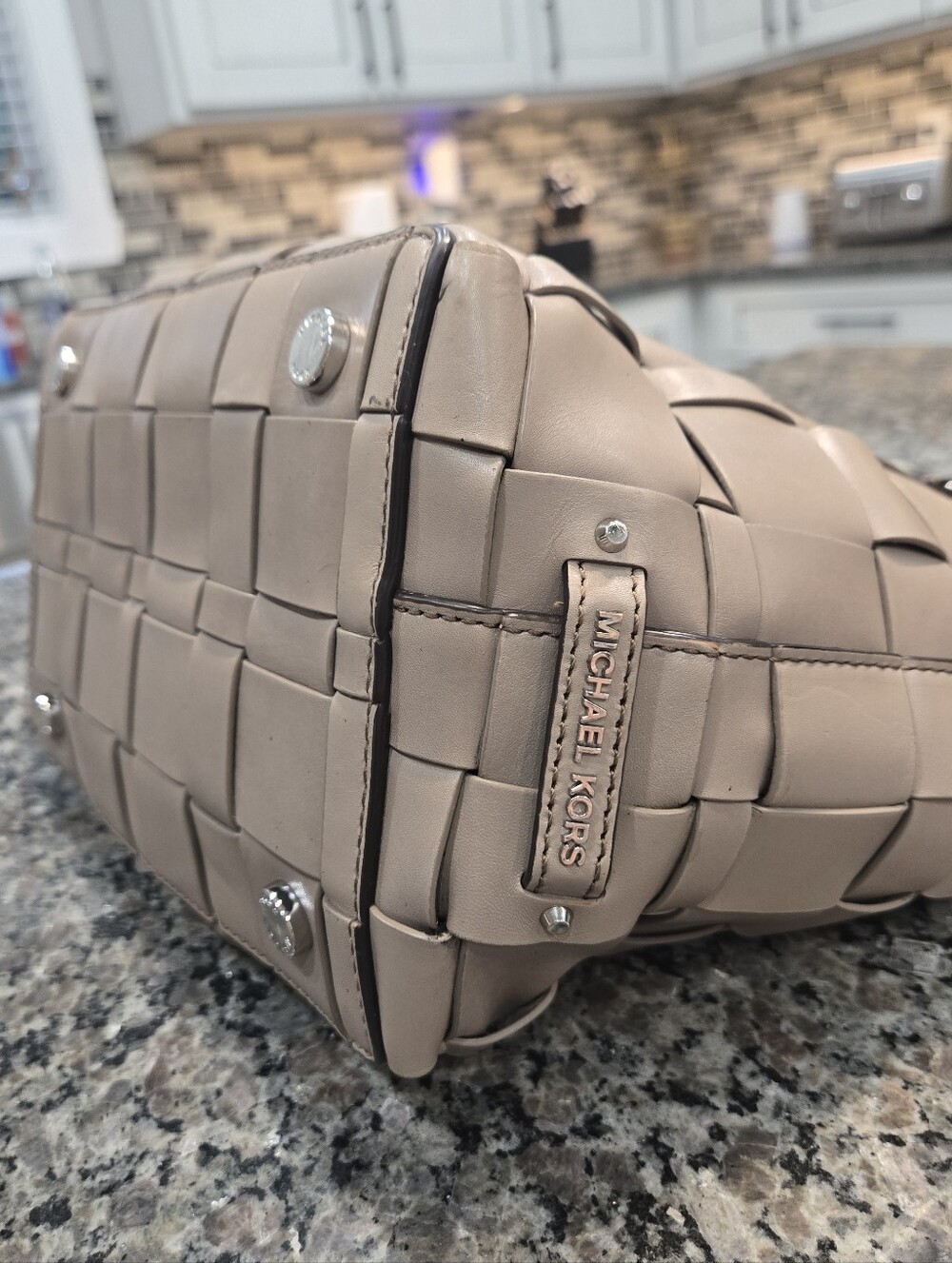 Michael Kors Vivian Woven Leather Tote Taupe Basket Weave Tassel Shoulder Bag - Picture 8 of 16